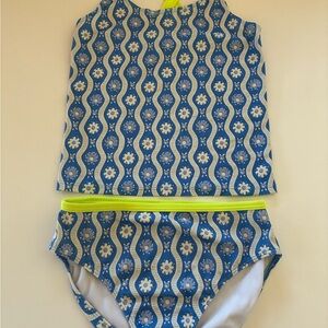 Blue Floral Wave Tankini with Neon Trim